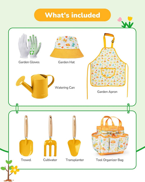 Set Grenebo Kids Gardening Toys,Includes Metal Trowel,Transplanting Shovel,Garden hat,Rake,Apron,Gloves,Watering