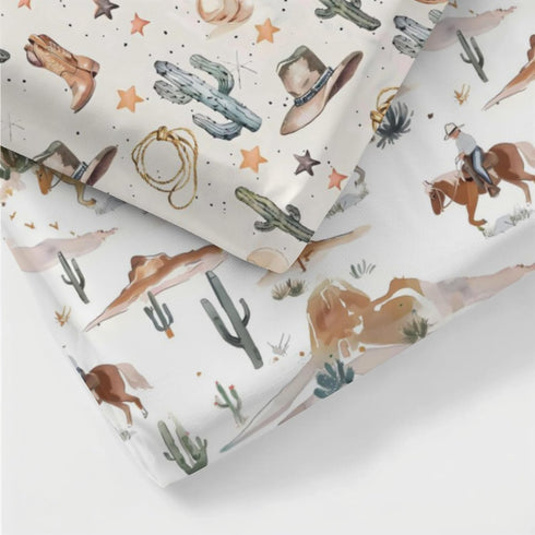 KuphiL10C 2 Pack Mattress-28x52 Western Cactus Horses Hats Mountains Pattern Baby Sheets for Crib, Unisex Western