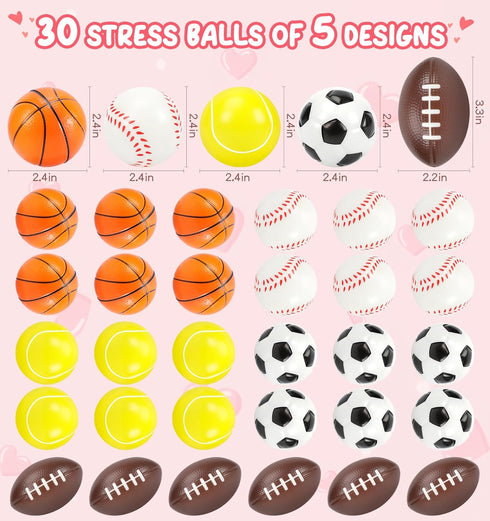 30 Pack Valentine Cards for Kids - Classroom Gifts with Sports Squeeze Balls for School Prizes