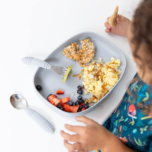 Bumkins Toddler and Baby Suction Plate, Silicone Grip Dish Large Tray for Big Kids, Fits Most Highchairs, Essential Children Feeding Supplies, Non Skid Sticky Bottom, Platinum Silicone, Gray by Bumkins