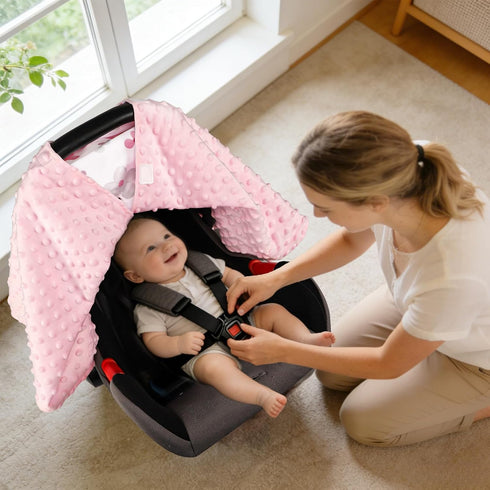 Hooyax Peekaboo Car Seat Cover for Baby Girl - Warm Minky Carseat Canopy with Adjustable Opening, Universal Fit