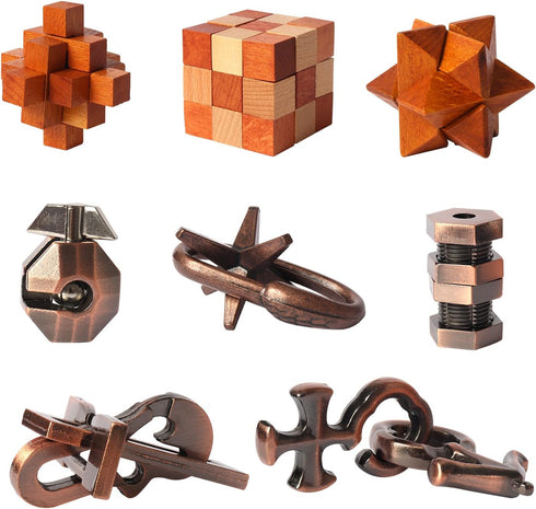 8pcs Puzzles Toys Wooden and Metal Brain Teaser Puzzles Game for Adults