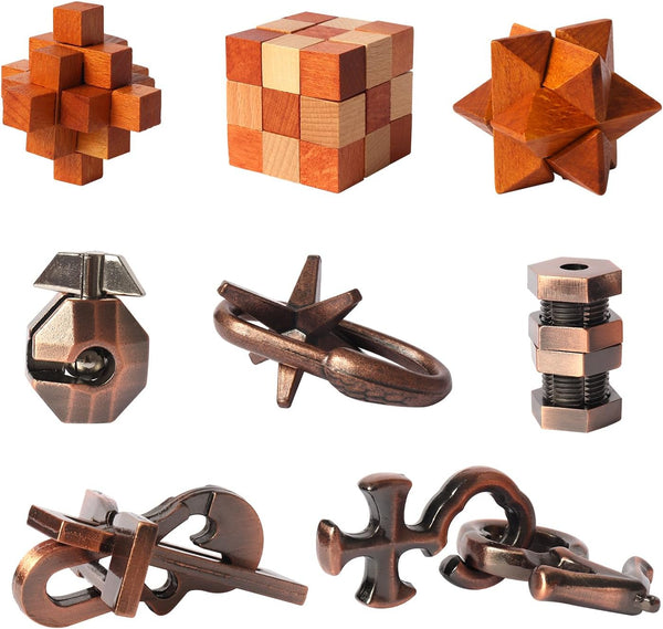 8pcs Puzzles Toys Wooden and Metal Brain Teaser Puzzles Game for Adults