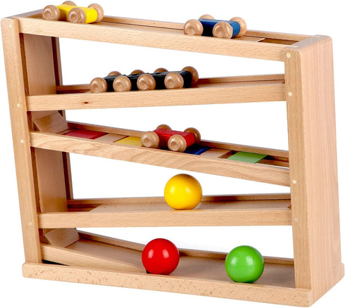 Qilay Wooden Race Track Car Ramp Racer Toy for Toddlers, 5 Level Race Car Ramp Set with 4 Wood Cars and 3 Balls, Great