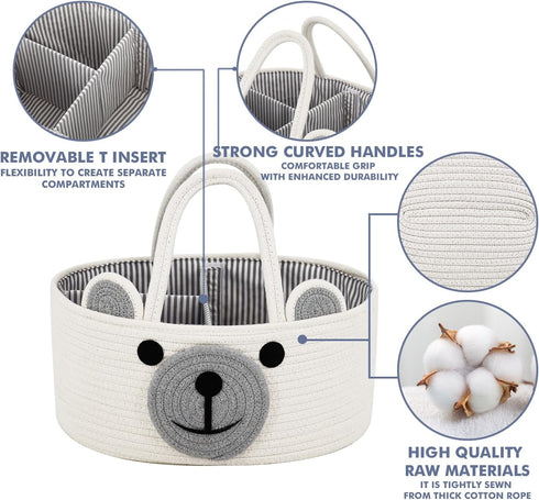 Home & Tots Baby Diaper Caddy Organizer, Large Cotton Rope Nursery Storage Basket (White, Bear Design)
