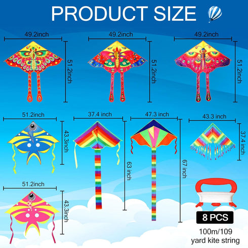 8 Pack Kites for Kids, Butterfly Kite, Fish Kite, Large Rainbow Delta Kite, Easy to Fly Beach Kites with 109 Yard String