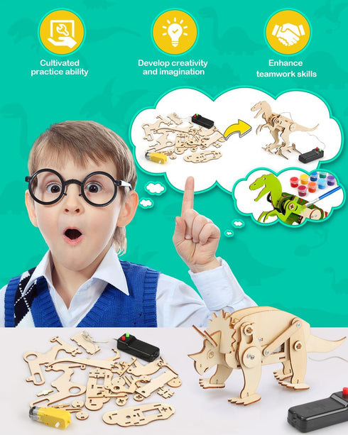 Poraxy 4 in 1 Dinosaur STEM Kits for Kids Ages 8-10, Educational Science Building Projects, 3D Wooden Puzzles Gift for
