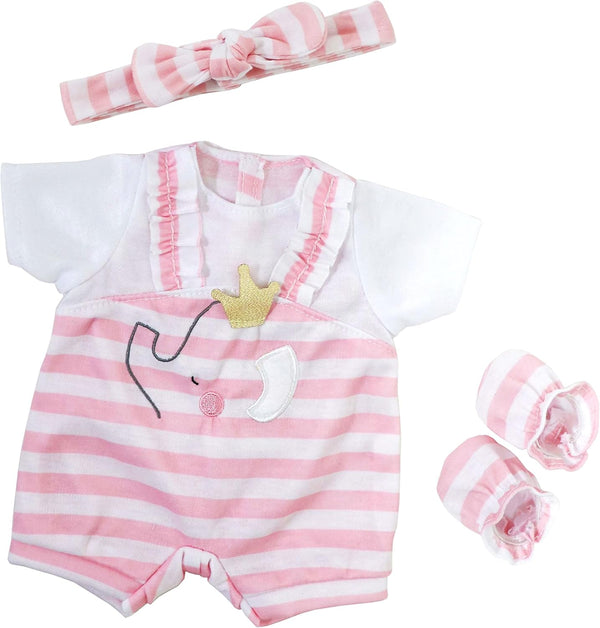JC Toys Berenguer Boutique Baby Doll Outfit - Pink Stripes and White Overall Shorts, Includes Headband and Booties