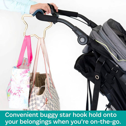 BUGGY GEAR STAR HOOK by BUGGYGEAR Gold/Navy Leather - The Perfect Way to Carry Your Baby Diaper Bag - Use The Hook on Your Stroller Handle Bars and Let The Hooks Do The Work