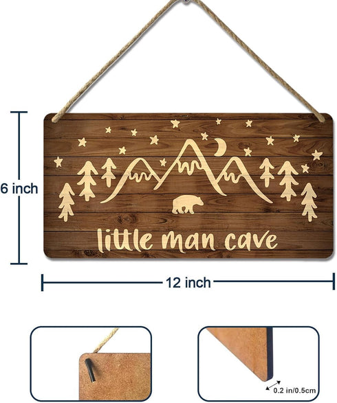 YOHIYE 12x6 Inch Little Man Cave Sign Woodland Nursery Wall Decor for Baby Boys Rustic Bear Forest Animal Wood Signs