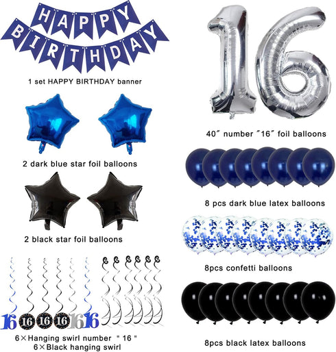 16th Birthday Decorations for Boys and Girls, Dark Blue HAPPY BIRTHDAY Banner, Silver Number 16 Balloons