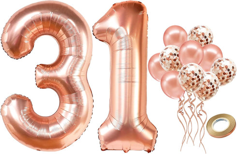 KatchOn Rose Gold 31 Balloons Pack of 12, 40 Inch Birthday Decorations for Women with Confetti Balloons