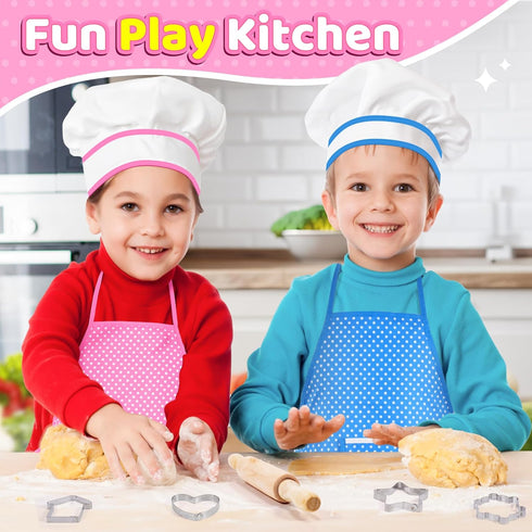 Kids Apron Kitchen Toys 20Pcs - Educational Cooking Baking Set with Cookbook & Chef Hat for 3-8 Year Old Girls