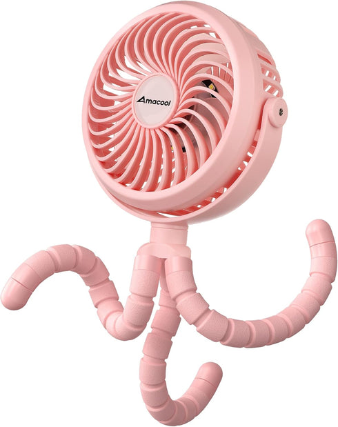 AMACOOL Battery Operated Stroller Fan, Flexible Tripod Clip On Fan with 3 Speeds for Car Seat Crib Bike Treadmill (Pink)