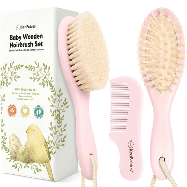 Baby Hair Brush Set for Newborns - Soft Goat Bristle Wooden Baby