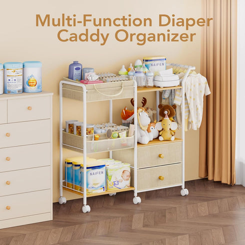 3 BBLIKE Diaper Caddy Organizer with Hanging Rack - Tier Rolling Baby Storage Cart with Drawers and Side Pockets