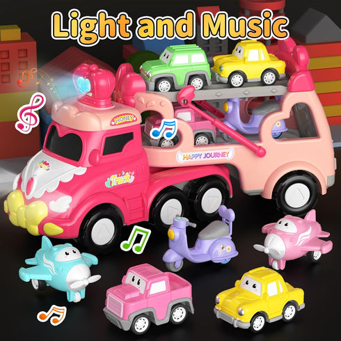 1 2 3 7-in-1 1-2 2-3, 1 2 3+ newcrave Truck Toys for Year Old Girl, Carrier Cars Toys for Toddler Girls Age Princess
