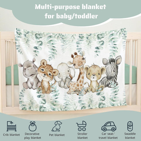 HawSkgFub Safari Jungle Baby Blanket - Eucalyptus Leaf Design, Elephant Giraffe Lion Flannel Fleece for Newborns 30 x 40