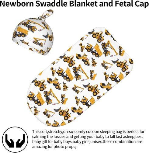 Broiteid Set Construction Machinery Excavator Truck Tractor Newborn Swaddle Blanket Baby Stuff Baby Blanket with Beanie