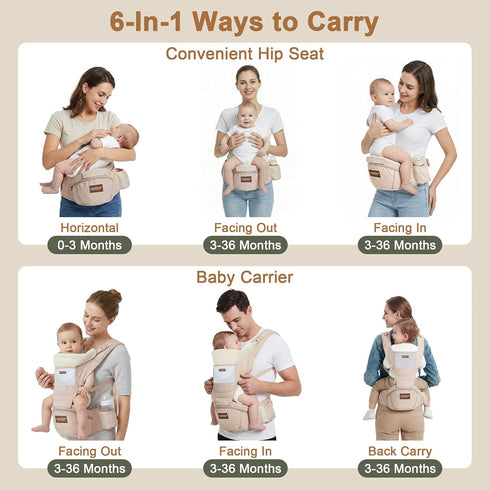 6-in-1 Baby Carrier with Hip Seat, Baby Carrier Newborn to Toddler, Adjustable Detachable Infant Toddler Carrier