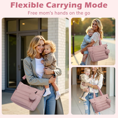 LONG VACATION Diaper Bag Tote Large Baby Diaper Tote Waterproof Travel Tote with Pacifier Case And Changing Pad (Pink)