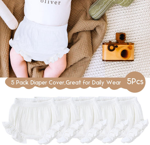 Poocen 5pcs Toddler Baby Girls Boy White Ruffled Bloomers Diaper Cover Cotton Linen Bloomer Shorts Underwear