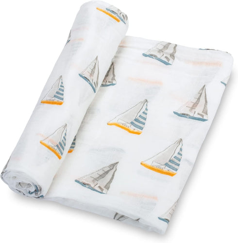 Swaddle Blanket 100% Muslin Cotton, Gender Neutral Newborn Nursery Essentials for Boys and Girls, Sailboat Print