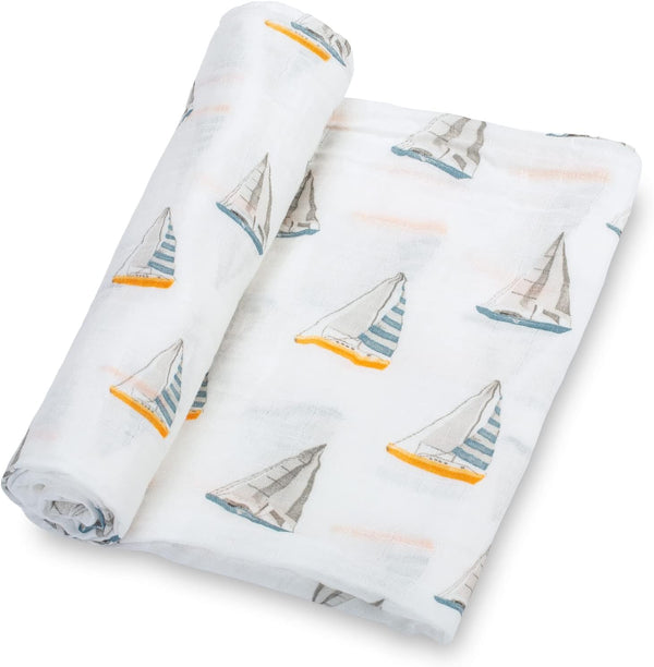 Swaddle Blanket 100% Muslin Cotton, Gender Neutral Newborn Nursery Essentials for Boys and Girls, Sailboat Print