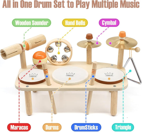 Set 2 11 1 2-3, 18+ Kids Drum - Montessori Toys for Year Old Boy Girl Birthday Gifts, in Wooden Musical Instruments