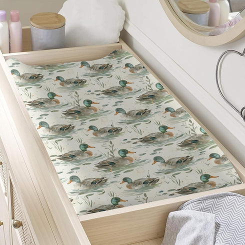 KuphiL10C Girls-16x32 Watercolor Mallard Duck Leaves Baby Changing Pad Cover, Unisex Duck Nursery Diaper Changing Table