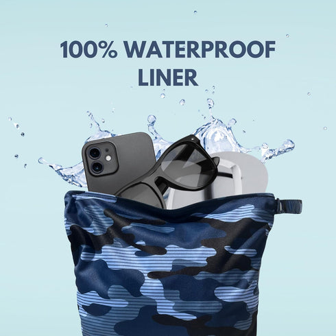 Whole Works 12.6" 14.6" Wet Bag for Gym Clothes Blue Camo - x Waterproof, Smell Proof, Machine Washable Sweat Bags