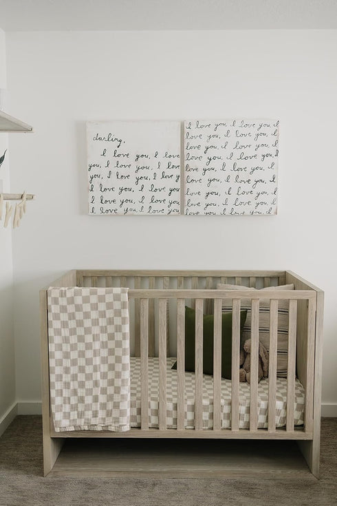 Taupe Checkered Muslin Crib Sheet by Mebie Baby, Soft and Breathable Bed Sheets for Babies, Modern Neutral Bedding