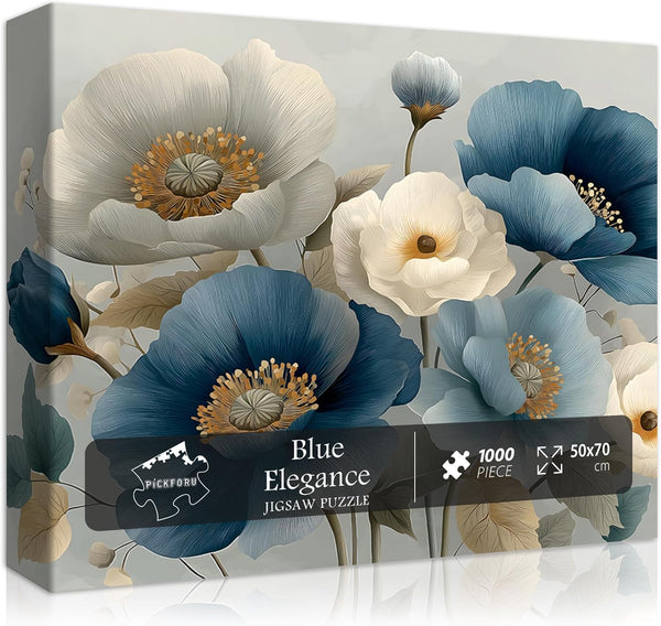 PICKFORU Elegant Flower Puzzles for Adults 1000 Pieces, Vintage Blue White Floral Jigsaw