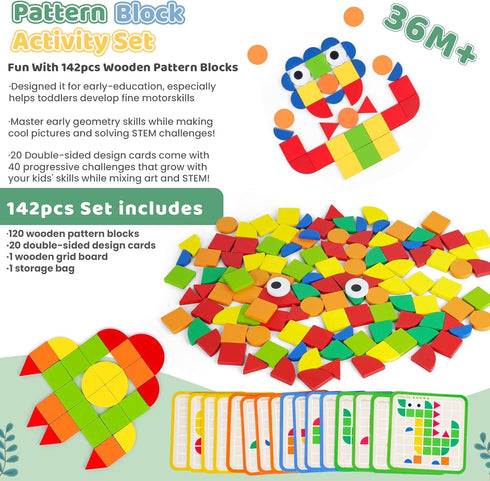 142PCS 3+ Wooden Pattern Blocks Montessori Mosaic Puzzle Geometric Shapes Tangrams for Kids with Storage Bag, Following