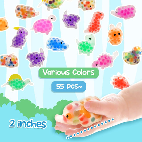 55pcs Mini Fidget Animal Squishy: Small Squishies Prizes, Party Favor Stress Balls Bulk, Dinosaur Sensory Squeeze Ball