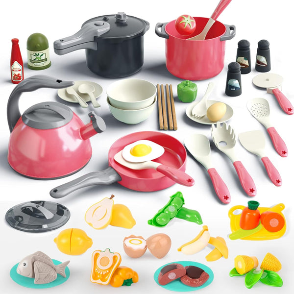 Bruvoalon 67Pcs Kids Play Kitchen Toys Set - Toddlers Pretend Cooking Playset Accessories with Pots, Pans, Utensils,