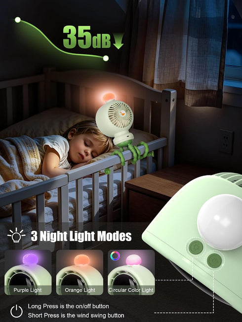 Generic 135 3-Color 6mm Portable Stroller Fan with Auto Oscillation, LED Night Light, Rechargeable Battery & Flexible