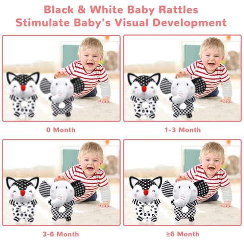 Baby Rattles 0-6 Months, Newborn Toys, Black & White High Contrast Plush Stuffed Toys for 0-12 Months Girl Boy