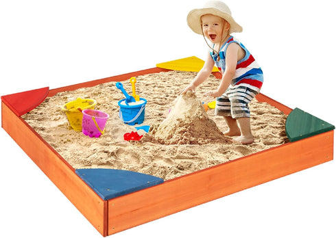 HONEY JOY Kids Wooden Sandbox, Outdoor Bottomless Sand Pit with 4 Built-in