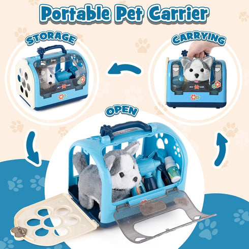 22Pcs Playset 3 4 5 6+ Dog Toys for Kids Vet Doctor Kit,Walking Barking Electronic Interactive Husky Dog