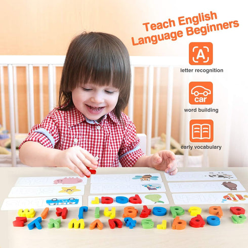 Coogam Read Spelling Learning Toy, Wooden Alphabet Flash Cards Matching Game for Preschool Educational Tool Set
