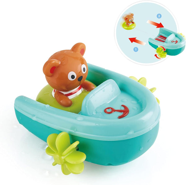 Hape Tubing Pull-Back Boat Bath Toy - Teddy Bear Floating Paddle Boat for Toddlers, Bathtub Shower Fun