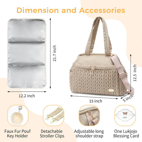 LUKJOJO Asha Diaper Bag Tote For Daily Use, Travel Shoulder Diaper Bag With Long Strap (Beige)