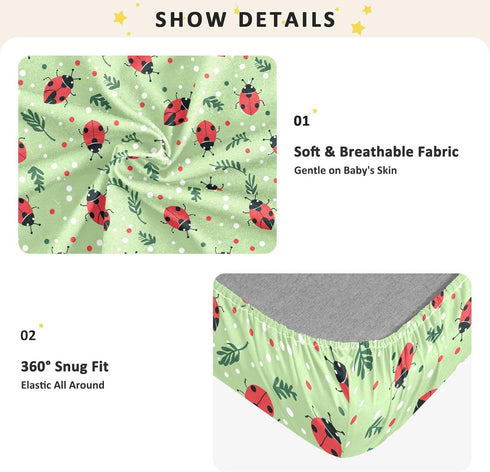 miaozhen 1 Pack 52x28 Cotton Baby Crib Sheets for Boys Girls Soft Breathable Green Playful Ladybugs Toddler Mattress