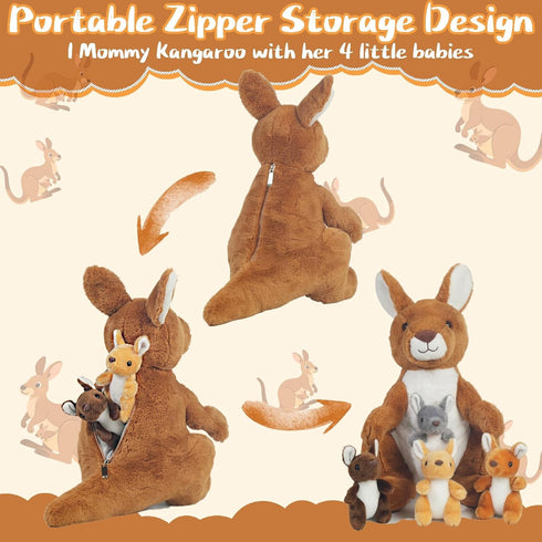 5 1 16'' Mommy 4 Set in Kangaroo Stuffed Animal with Babies, Stuffed Kangaroo Plush Toy with Baby Joey Plush and Pouch