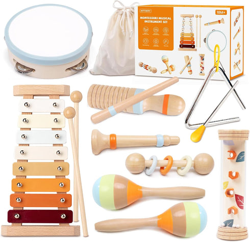 Toddler Musical Instruments Sets, Montessori Wooden Percussion Educational Baby Musical Toys Xylophone