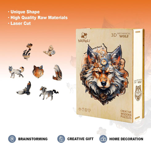 '-148pcs 11.4 9.4in Wooden Puzzles for Adults - Mechanical Gearwolf Wooden Jigsaw Puzzle - Unique Animal Shaped Wood