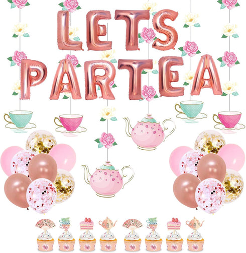 JOPARY Tea Party Decorations with LET'S PAR TEA Aluminum Foil Balloons, Floral Hanging Decorations for Party Decor