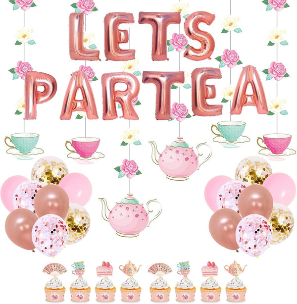 JOPARY Tea Party Decorations with LET'S PAR TEA Aluminum Foil Balloons, Floral Hanging Decorations for Party Decor