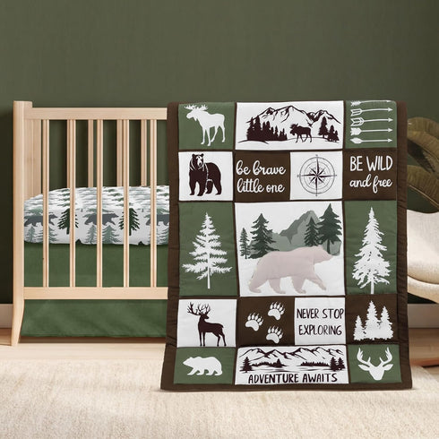 Hahafelt 3 Pcs Woodland Crib Bedding Set for Boys, Green Elk Bear Baby